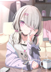  1girl absurdres asumi_sena black_hair bule_blue_2 choker closed_mouth commentary_request grey_hair hair_ornament hair_over_one_eye hairclip hand_on_own_cheek hand_on_own_face highres indoors jacket jewelry long_hair long_sleeves looking_at_viewer multicolored_hair necklace open_clothes open_jacket parallel_hairclips pink_eyes shirt smile solo streaked_hair virtual_youtuber vspo! 