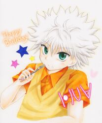  1boy closed_mouth collared_shirt commentary_request cropped_torso food food_on_face fork green_eyes happy_birthday heart holding holding_fork hunter_x_hunter ichiha_sanami killua_zoldyck looking_at_viewer male_focus marker_(medium) orange_shirt shirt short_hair short_sleeves simple_background solo spiky_hair star_(symbol) sweater_vest traditional_media white_background white_hair wing_collar yellow_sweater_vest 