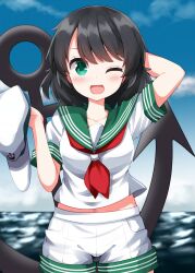  1girl ;d anchor arm_behind_head black_hair blush commentary cowboy_shot day dot_nose green_eyes green_sailor_collar hat highres holding holding_unworn_clothes holding_unworn_hat looking_at_viewer murasa_minamitsu neckerchief ocean one_eye_closed open_mouth outdoors red_neckerchief ruu_(tksymkw) sailor_collar shirt short_hair short_sleeves shorts smile solo striped_clothes striped_shorts striped_sleeves touhou unworn_hat unworn_headwear white_hat white_shirt white_shorts 