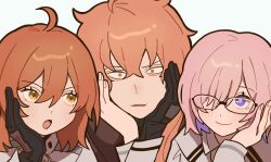  1boy 2girls 773_577_773 :o ahoge black-framed_eyewear black_gloves chaldea_logo chaldea_no_mono closed_mouth clothing_cutout colored_inner_hair command_spell constricted_pupils fate/grand_order fate_(series) fujimaru_ritsuka_(female) fujimaru_ritsuka_(female)_(decisive_battle_chaldea_uniform) glove_cutout gloves hair_over_one_eye hand_on_another's_cheek hand_on_another's_face hand_on_own_cheek hand_on_own_face highres light_blush long_sleeves looking_at_another looking_at_viewer mash_kyrielight medium_hair multicolored_hair multiple_girls orange_eyes orange_hair parted_lips pink_hair purple_hair short_hair smile upper_body violet_eyes wing_collar 