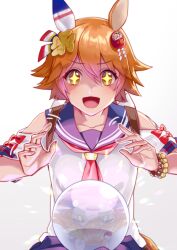  +_+ 1girl akatsuki_(kuon) animal_ears bare_shoulders bead_bracelet beads blue_skirt blush bracelet breasts clover_hair_ornament collarbone commentary_request crystal_ball daruma_doll daruma_doll_hair_ornament doll_hair_ornament ear_covers flipped_hair four-leaf_clover_hair_ornament hair_between_eyes hair_ornament horse_ears horse_girl horse_tail jewelry maneki-neko matikanefukukitaru_(rising_fortune)_(umamusume) matikanefukukitaru_(umamusume) neckerchief open_mouth orange_hair red_neckerchief reflection sailor_collar school_uniform serafuku shirt short_hair single_ear_cover skirt smile solo star-shaped_pupils star_(symbol) symbol-shaped_pupils tail umamusume white_shirt 