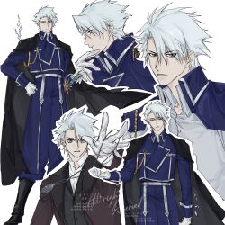  1boy amestris_military_uniform black_boots black_cape bleach blue_jacket blue_pants boots brown_coat cape coat commentary eyes_visible_through_hair fullmetal_alchemist gloves green_eyes grey_shirt hand_on_own_hip highres hitsugaya_toushirou hitsugaya_toushirou_(adult) hitsuran99 holding holding_jewelry holding_necklace ice jacket jewelry locket male_focus military_uniform necklace pants pendant shirt sword weapon white_gloves white_hair zanpakutou 