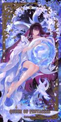  1girl absurdly_long_hair absurdres arm_ribbon barefoot card_(medium) character_name chinese_commentary closed_eyes closed_mouth columbina_(genshin_impact) commentary_request crescent dress english_commentary eye_mask falling_petals flower full_body genshin_impact gradient_hair hair_ribbon head_wings highres li0n_(kongshushiwo) long_hair luonnotar_(genshin_impact) mask minor_arcana_(tarot) mixed-language_commentary multicolored_hair petals purple_hair ribbon smile tarot tarot_(medium) very_long_hair white_dress white_ribbon white_wings wings 