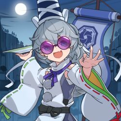  1girl :d absurdres blue_eyes chinese_commentary commentary_request detached_sleeves devilkillerx fang full_moon grey_hair hat highres holding holding_plate japanese_clothes kariginu long_hair looking_at_viewer mononobe_no_futo moon night open_mouth plate pom_pom_(clothes) ponytail purple-tinted_eyewear ribbon-trimmed_sleeves ribbon_trim round_eyewear skin_fang sky smile solo sunglasses tate_eboshi tinted_eyewear touhou wide_sleeves 
