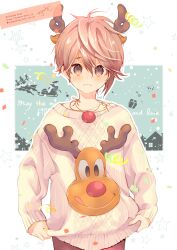  1boy animal_ears antlers blush brown_eyes brown_hair brown_pants christmas closed_mouth collarbone commentary_request confetti deer_ears hair_between_eyes highres horns kuga_tsukasa long_sleeves male_focus original pants puffy_long_sleeves puffy_sleeves red_nose reindeer_antlers santa_claus signature sleeves_past_wrists solo star_(symbol) streamers sweater watermark web_address white_sweater 