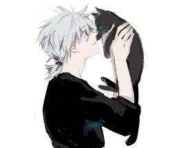  1boy animal black_cat black_shirt cat closed_mouth commentary_request from_side holding holding_animal holding_cat low_ponytail nagisa_kaworu neon_genesis_evangelion ponytail red_eyes shirt short_hair short_ponytail signature simple_background sleeves_pushed_up white_background white_hair yorumi1117 