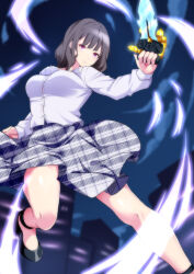  1girl absurdres black_hair blurry blurry_background breasts building commentary grey_skirt highres ichikawa_sumino medium_breasts night no.1_sentai_gozyuger pandacross shirt short_hair skirt skyscraper solo super_sentai tega_sword tega_sword_(character) tokusatsu violet_eyes white_shirt 