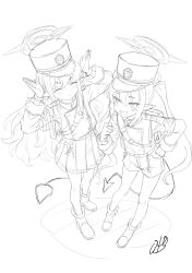  2girls absurdres armband belt blue_archive blush boots clenched_hand closed_eyes demon_tail earrings gloves halo hand_on_own_hip hands_up happy hat highres hikari_(blue_archive) jacket jewelry lineart long_hair looking_at_another multiple_girls nozomi_(blue_archive) open_mouth oto_jampan pointy_ears school_uniform shorts skirt smile tail twintails v-shaped_eyebrows very_long_hair white_background 