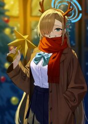  1girl absurdres alternate_costume aqua_bow aqua_bowtie asuna_(blue_archive) black_skirt blonde_hair blue_archive blue_eyes blue_halo blue_ribbon blurry blurry_background bow bowtie breasts brown_coat brown_hairband christmas christmas_ornaments christmas_tree coat commentary_request fake_antlers grin hair_over_one_eye hair_ribbon hairband halo hand_in_pocket hand_up highres holding large_breasts looking_at_viewer munbinggu open_clothes open_coat pleated_skirt red_scarf ribbon scarf shirt skirt smile solo upper_body white_shirt 