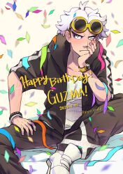  1boy character_name closed_mouth commentary confetti dated eyewear_on_head guzma_(pokemon) hand_on_own_thigh hand_up happy_birthday head_rest highres hood hood_down hooded_jacket jacket male_focus nyoripoke pants pokemon pokemon_sm shirt shoes short_hair short_sleeves sitting solo sunglasses twitter_username watch watch white_hair white_shirt white_shoes yellow-framed_eyewear 