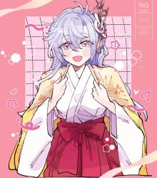  1girl alternate_costume grey_hair hair_branch highres japanese_clothes kaguya_(rune_factory) looking_at_viewer momen_mememe open_mouth pink_background rune_factory rune_factory:_guardians_of_azuma upper_body violet_eyes 