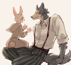  animal_ears artist_request beastars blush closed_mouth collared_shirt couple dress from_behind from_side furry furry_female furry_male happy haru_(beastars) leaning_back legoshi light_smile looking_at_another looking_down looking_up open_mouth pants rabbit rabbit_ears rabbit_girl rabbit_tail school_uniform shirt sitting sitting_on_person sleeves_rolled_up smile tail upper_body white_shirt wolf_boy wolf_ears wolf_tail 