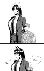  absurdres animal_ear_fluff animal_ears antenna_hair bug butterfly collar collared_shirt dog_ears dog_girl english_text highres inuinupuppy jacket military_fatigues military_uniform monochrome necktie original pants shirt soldier suit suit_jacket tongue white_background 
