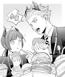  1boy 1girl :t burger cheek_poking commentary_request cup diagonal-striped_clothes diagonal-striped_necktie diasomnia_dorm_uniform disposable_cup fake_horns food french_fries greyscale hair_slicked_back highres holding holding_burger holding_food horns jacket looking_at_another monochrome necktie open_mouth poking ponytail rimo. sebek_zigvolt slit_pupils speech_bubble striped_clothes tearing_up tray twisted_wonderland vest yuu_(twisted_wonderland) 
