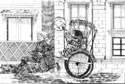  1boy 1girl ameishi ballpoint_pen_(medium) brick_wall bridal_gauntlets building child coat commentary_request from_side headscarf icicle in_cart long_sleeves mittens original outdoors pants pen_(medium) print_coat pullcart road running sandals scarf shirt shoes short_hair sick snow snowing tabi three-quarter_sleeves toy traditional_media window winter winter_clothes 