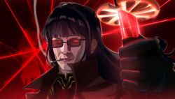  1boy 1girl absurdres black_coat black_hair blunt_bangs cigarette coat commentary contempt_awe_(e.g.o) devil_may_cry_(series) e.g.o_(project_moon) gloves glowing glowing_eyes high_collar highres hong_lu_(project_moon) limbus_company lips long_hair official_alternate_costume ootachi project_moon red_eyes ryoshu_(project_moon) scene_reference sheath silhouette slashing smoke smoking solo_focus sunglasses sword_hilt tinted_eyewear unsheathing vergil_(devil_may_cry) wateu10 