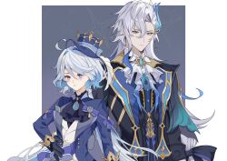  1boy 1girl ahoge ascot black_ascot black_bow black_gloves black_jacket black_shirt black_vest blue_eyes blue_gem blue_hair blue_hat blue_jacket blue_pupils blue_sash blush border bow buttons closed_mouth diamond_button drop-shaped_pupils feather_hair_ornament feathers furina_(genshin_impact) gem genshin_impact gloves gold_trim grey_background grey_hair hair_between_eyes hair_bow hair_ornament hand_on_own_hip hashtag-only_commentary hat hat_bow hat_ornament headpiece heterochromia highres jacket jewelry lapels long_hair long_sleeves looking_at_viewer low-tied_long_hair low_twintails mismatched_pupils multicolored_hair neuvillette_(genshin_impact) open_clothes open_jacket outside_border pendant pointy_ears purple_bow sash shirt shishi59697837 sidelocks simple_background single_sidelock streaked_hair symbol-shaped_pupils twintails two-tone_hair upper_body vest violet_eyes white_ascot white_border white_hair white_shirt white_vest 