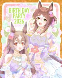  2girls animal_ears bare_shoulders birthday blush braid breasts brown_eyes brown_hair champagne_flute chiffon commentary_request cup double-parted_bangs dress drinking_glass ear_flower fine_motion_(umamusume) flower green_eyes hair_between_eyes hair_bun hair_flower hair_ornament half_up_braid happy_birthday holding horse_ears horse_girl horse_tail long_hair long_sleeves looking_at_viewer multicolored_hair multiple_girls open_mouth purple_dress satono_diamond_(umamusume) smile streaked_hair tail umamusume very_long_hair 