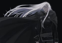  1girl belt black_coat black_tunic coat cowboy_shot curtained_hair facing_viewer floating_hair fur_collar grey_eyes high_collar highres lapel_chain long_hair looking_at_viewer nephis_(shadow_slave) parted_lips pigeon_suffers shadow_slave solo tunic white_hair wind wind_lift 