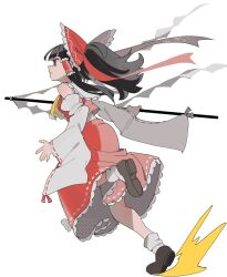  1girl ascot black_hair bow brown_shoes commentary detached_sleeves frilled_bow frilled_hair_tubes frills full_body gohei hair_bow hair_tubes hakurei_reimu hashtag-only_commentary highres holding holding_gohei long_hair mgnin0 red_bow red_skirt ribbon-trimmed_sleeves ribbon_trim shoes skirt skirt_set socks solo touhou white_socks yellow_ascot 