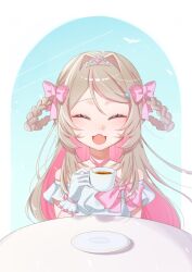  1girl :3 bare_shoulders blue_background blush bow braid braided_hair_rings closed_eyes colored_inner_hair commentary_request criss-cross_halter cup dress dress_bow fang frilled_dress frills gloves grey_hair hair_intakes hair_ornament hair_over_shoulder hair_ribbon hair_rings hairclip halterneck heart-shaped_gem highres holding holding_cup long_hair makaino_ririmu mamemoyasi532 multicolored_hair nijisanji off-shoulder_dress off_shoulder official_alternate_costume official_alternate_hairstyle open_mouth pink_bow pink_hair pink_ribbon pink_streaks pointy_ears portrait pov_across_table ribbon saucer side_part side_up_ring sidelocks simple_bird skin_fang solo straight-on streaked_hair swept_bangs teacup tiara two-tone_hair two_side_up virtual_youtuber white_dress white_gloves 