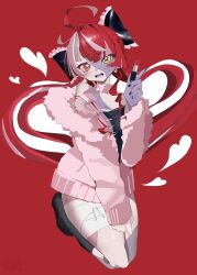  1girl bandaged_leg bandages black_shirt black_socks blush coat colored_skin colored_tongue commentary cosmetics diamond-shaped_pupils diamond_(shape) double-parted_bangs earrings embarrassed english_commentary fangs full_body fur_coat fur_collar grey_hair grey_skin hand_on_own_thigh heart heart-shaped_pupils heart_background heart_earrings heterochromia highres holding holding_lipstick_tube hololive hololive_indonesia jewelry kneehighs kureiji_ollie lipstick_tube long_hair looking_at_viewer low_twintails mamiya_miya mismatched_pupils multicolored_hair open_mouth patchwork_skin pink_coat pink_hair purple_tongue red_background red_eyes red_hair shirt simple_background socks solo split_ponytail stitched_arm stitched_face stitched_leg stitched_torso stitches symbol-shaped_pupils twintails virtual_youtuber white_hair white_skin x-shaped_pupils yellow_eyes zombie 