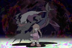  1girl braid brown_hair brown_shoes closed_eyes commentary cresselia darkrai dream_ball english_commentary holding holding_poke_ball lalala-hyuponia madotsuki pink_skirt pink_sweater poke_ball pokemon pokemon_(creature) shadow shoes skirt socks sweater trait_connection twin_braids white_socks yume_nikki 