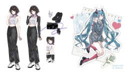  2girls absurdres black_hair black_pants black_shoes black_shrug blue_hair boots bottle camera closed_mouth colored_tips commentary commission crop_top demon_girl demon_horns english_commentary grey_eyes grey_jacket grey_skirt hatsune_miku heart heart-shaped_pupils high_heels highres horns jacket long_hair long_sleeves looking_at_viewer medium_hair midriff multicolored_hair multiple_girls original pants perfume_bottle pink_boots pyyuu red_eyes shoes shrug_(clothing) simple_background skirt smile symbol-shaped_pupils very_long_hair vgen_commission vocaloid 