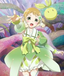  1girl :o armpit_cutout blonde_hair bloomers blush bow bowtie clothing_cutout cowboy_shot dot_nose dress flower game_cg green_bow green_bowtie green_dress green_flower green_thighhighs hair_flower hair_ornament inubouzaki_itsuki kodama_(yuyuyu) long_sleeves looking_at_viewer magical_girl official_art open_mouth outstretched_arm reaching reaching_towards_viewer short_hair solo standing standing_on_one_leg teeth thigh-highs third-party_source toji_no_miko toji_no_miko:_kizamishi_issen_no_tomoshibi upper_teeth_only white_bloomers yuuki_yuuna_wa_yuusha_de_aru yuusha_de_aru 