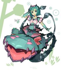  1girl :d absurdres alraune blush circle clothing_cutout color_guide colored_skin commentary_request covered_navel dot_nose dress english_text extra_mouth fangs flat_chest grass green_dress green_eyes green_hair green_skin hand_on_own_head highres juliet_sleeves long_sleeves looking_at_viewer medium_hair monster_girl open_mouth original pink_dress plant plant_girl puffy_sleeves shitoi_(aqua1487) simple_background smile solo tentacles thorns tiara tree two-tone_dress underboob_cutout venus_flytrap vine_tentacle white_background 