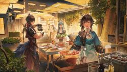  2girls 3boys arknights arknights:_endfield beer_mug black_gloves black_hair character_request chen_qianyu_(arknights) cup daniel_deng dragon_girl dragon_horns gloves green_gloves grey_eyes highres holding holding_cup horns mug multicolored_gloves multiple_boys multiple_girls twintails two-tone_gloves 