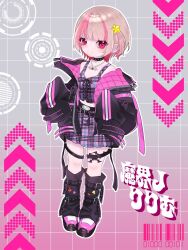  1girl arm_belt barcode bat_necklace belt belt_buckle black_belt black_collar black_jacket black_leg_warmers black_straps blunt_bangs blush buckle chain chain_necklace character_name closed_mouth clothes_writing collar colored_inner_hair crop_top cross-laced_clothes cross-laced_top earclip flame_print food_print fruit_print full_body gradient_background grey_background grey_hair grid_background hair_intakes hair_ornament hands_up hashtag-only_commentary heart heart_print highres jacket jewelry leg_belt leg_tattoo leg_warmers lightning_bolt_print looking_at_viewer loose_belt makaino_ririmu makaino_ririmu_(6th_costume) midriff miniskirt multicolored_hair multiple_belts necklace nijisanji no_headwear o-ring o-ring_collar o-ring_thigh_strap off_shoulder open_clothes open_jacket pendant pink_background pink_belt pink_hair pink_jacket pink_shoes pink_skirt pink_streaks plaid_clothes plaid_skirt pleated_skirt pointy_ears rai_chamu red_eyes shoes short_hair skirt sleeves_past_fingers sleeves_past_wrists smile solo spiked_collar spikes standing star_(symbol) star_hair_ornament strawberry_print streaked_hair tattoo thigh_strap two-sided_fabric two-sided_jacket two-tone_hair two_side_up unbuttoned unzipped virtual_youtuber winged_heart winged_heart_tattoo wolf_cut zipper_top 