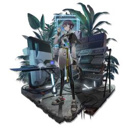  1girl animal animal_on_shoulder arknights asbestos_(arknights) asbestos_(glen_sonata)_(arknights) belt black_gloves black_nails black_pants cable chair computer computer_keyboard cup ear_piercing earrings eyepatch faux_figurine fingerless_gloves full_body glasses gloves green_eyes hair_over_one_eye highres holding holographic_interface instrument jewelry keyboard_(instrument) leggings lizard_tail long_sleeves looking_at_viewer medical_eyepatch microphone monitor multiple_rings nail_polish official_alternate_costume official_art one_eye_covered pants piercing plant pointy_ears purple_hair reptile_girl ring sandals see-through_clothes short_hair solo speaker standing tail team_expndr toenail_polish toenails toes transparent_background 