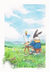  1other aqua_pants belt belt_pouch bird black_shoes blue_flower blue_hoodie blue_sky border brown_belt bucket canvas_(object) clouds commentary day easel flower furry grass green_bird highres holding holding_paint_palette holding_paintbrush hood hood_down hoodie lizard on_rock orange_flower original outdoors outside_border paint_palette paintbrush painting_(action) painting_(object) pants pouch purple_flower rabbit red_flower rock shoes signature sitting sky solo tama_(amedamadou) white_border white_flower 