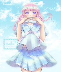  1girl artist_name bare_arms blue_sailor_collar blue_skirt blue_sky blush bow bowtie braid clouds colored_eyelashes commentary commentary_request covered_mouth cowboy_shot day dot_nose envelope floating_clothes floating_hair hair_bow highres holding holding_envelope love_letters_to_the_sky_(miracle_nikki) low_twin_braids maika_(ma1ka8787) midriff_peek miniskirt miracle_nikki nikki_(series) outdoors pink_bow pink_bowtie pink_hair pleated_skirt print_skirt sailor_collar school_uniform serafuku shirt short_sleeves skirt sky sky_print solo standing straight-on tareme twin_braids violet_eyes watermark wax_seal white_bow white_shirt wind wind_lift 