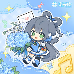  1girl :d asymmetrical_legwear beamed_eighth_notes blue_flower blue_sleeves boots bouquet braid chibi chinese_text commentary_request detached_sleeves eighth_note flower full_body green_eyes grey_hair hair_ornament hair_rings headset heart holding hydrangea kneehighs long_hair looking_at_viewer luo_tianyi musical_note open_mouth pleated_skirt shirt single_kneehigh single_sock single_thighhigh skirt smile socks solo sparkle thigh-highs very_long_hair vocaloid vsinger_(vocaloid) white_skirt 