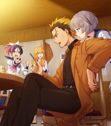  +_+ 1boy 3girls beer_mug belt black_hair black_pants black_shirt blonde_hair brown_coat card chair coat commentary_request crossed_legs cup facial_hair grey_hair indoors indou_yukine jougamine_aki kashiwagi_sara mug multicolored_hair multiple_girls neckerchief nekotama_(artist) pants pink_hair pink_neckerchief playing_card pointing school_uniform scum_of_the_brave serafuku shirt sitting stubble sweat table two-tone_hair white_shirt yashiro_(scum_of_the_brave) 
