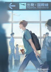  1boy airport backpack bag black_bag blue_pants brown_eyes brown_hair closed_mouth commentary crew_neck daypoem denim haikyuu!! highres holding jeans male_focus oikawa_tooru_(haikyuu!!) pants people profile rolling_suitcase short_hair short_sleeves sign suitcase symbol-only_commentary twitter_username walking window 