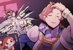  1boy 2girls :o absurdres adjusting_hair apocalypse_hotel brown_hair bunbuku_procione chibi chibi_inset closed_eyes commentary_request hand_in_own_hair hand_on_own_head highres hitting jab long_hair meme multiple_girls naoya_hitting_choso_without_looking_(meme) open_mouth parody ponko_procione punching purple_scarf rapid_punches riri_(dgra3272) scarf scene_reference smear_frame yachiyo_(apocalypse_hotel) 