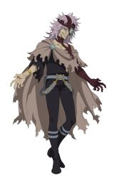  1boy absurdres bandaged_hand bandages black_boots black_clover black_clover_m:_rise_of_the_wizard_king black_pants black_shirt boots brown_cloak cloak full_body grey_eyes grin highres incredibly_absurdres long_hair looking_at_viewer non-web_source official_art one_eye_covered pants pink_hair rades_spirito shirt simple_background smile solo teeth torn_cloak torn_clothes torn_shirt transparent_background 