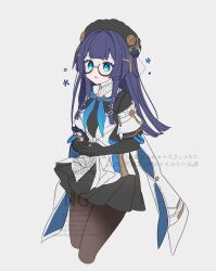  1girl absurdres black_gloves black_hat blue_eyes blue_hair blue_neckerchief brown_pantyhose elbow_gloves glasses gloves hat hat_tassel highres holding holding_phone honkai:_star_rail honkai_(series) long_hair looking_at_viewer merry-san neckerchief pantyhose pela_(honkai:_star_rail) phone round_eyewear solo 