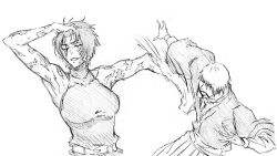  1boy 1girl adjusting_hair burn_scar closed_eyes greyscale hand_in_own_hair hand_on_own_head high-waist_pants hitting jab jujutsu_kaisen kubo_tite_(style) meme monochrome multiple_scars muscular muscular_female naoya_hitting_choso_without_looking_(meme) pants parody punching rakusakugk rapid_punches scar scar_on_arm scar_on_back scar_on_face scars_all_over scene_reference sketch zen'in_maki zen'in_naoya 