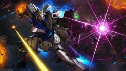  absurdres aiming asteroid battle beam_rifle copyright_notice earth_federation energy energy_beam energy_gun explosion firing gundam gundam_battle_operation_2 highres mecha mecha_focus missile_pod mobile_suit muzzle_flash nebula no_humans official_art painting_(medium) realistic robot scan science_fiction scope space star_(sky) sunrise_(company) tenjin_hidetaka thrusters traditional_media v-fin v_gundam victory_gundam weapon zero_gravity 