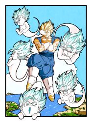  6+boys blonde_hair blue_pants blue_sash blue_shirt boots border commentary_request crossed_legs dougi dragon_ball dragon_ball_z ghost gloves green_eyes group_picture highres kenran_dokkan medium_hair midair multiple_boys muscular muscular_male ocean orange_shirt pants sash shirt sitting spiky_hair super_saiyan super_saiyan_1 vegetto white_boots white_border white_gloves 