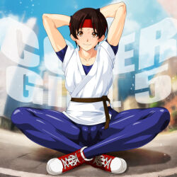  1girl braid brown_eyes brown_hair commentary_request dougi full_body headband looking_at_viewer qkat_(arikawa-dou) red_headband ryuuko_no_ken shoes short_hair single_braid smile sneakers solo spandex sweat yuri_sakazaki 