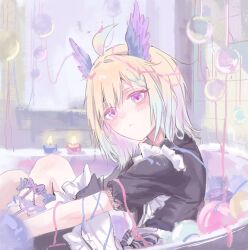  1girl apron bathroom bathtub black_dress blonde_hair bubble candle closed_mouth dress enna_alouette frilled_apron frills from_side hashtag-only_commentary head_wings highres in_bathtub indoors looking_at_viewer maid maid_apron nijisanji nijisanji_en oneyife1 pink_eyes short_hair sitting solo swept_bangs virtual_youtuber white_apron wings 