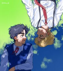  2boys blonde_hair blue_eyes blue_hair brown_eyes collared_shirt dio_brando eye_contact grass hand_on_own_stomach highres jojo_no_kimyou_na_bouken jonathan_joestar long_sleeves looking_at_another lying male_focus multiple_boys neck_ribbon necktie on_back on_grass on_ground open_mouth outdoors phantom_blood profile ribbon rotational_symmetry shadow shira_jdj shirt short_sleeves smile suspenders sweater_vest twitter_username 