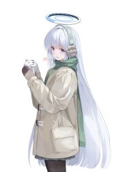 1girl absurdres black_pantyhose blue_archive coat green_scarf halo heart heavy_breathing highres koh_ya_kim long_hair looking_at_viewer mechanical_halo mittens noa_(blue_archive) open_mouth pantyhose pleated_skirt scarf sensei_(blue_archive) skirt snowball solo very_long_hair violet_eyes white_hair white_halo 