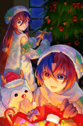  1boy 1girl 1other absurdres antlers bell blue_eyes blue_gloves blue_hair christmas christmas_ornaments christmas_tree crossed_bangs deer_antlers fake_antlers female_alear_(fire_emblem) female_alear_(gifted_dragons)_(fire_emblem) fire_emblem fire_emblem_engage fire_emblem_heroes fur-trimmed_headwear fur_trim fur_wrist_cuffs gloves hair_between_eyes heterochromia highres holding holding_bell horns long_hair looking_at_viewer male_alear_(fire_emblem) male_alear_(gifted_dragons)_(fire_emblem) multicolored_hair official_alternate_costume red_eyes red_hair sommie_(fire_emblem) split-color_hair teitokunanodesu two-tone_hair very_long_hair wrist_cuffs 