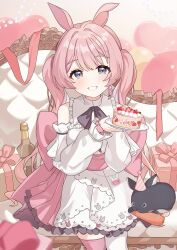  1girl absurdres animal animal_ears bare_shoulders black_eyes blurry blurry_foreground bottle bow box cake commission detached_sleeves dress etoria food frilled_dress frills gift gift_box highres holding holding_plate huge_bow indie_virtual_youtuber layered_dress long_hair long_sleeves parted_lips pink_bow pink_hair plate rabbit_ears rabbit_girl sash_bow skeb_commission solo strawberry_shortcake twintails virtual_youtuber white_dress white_sleeves 